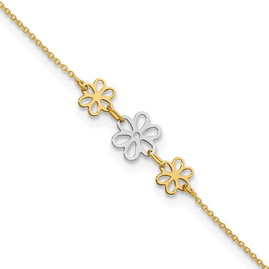 Tobillera Bicolor Pulida de Tres Flores de 14K de 9 Pulgadas + Extensión de 1 Pulgada