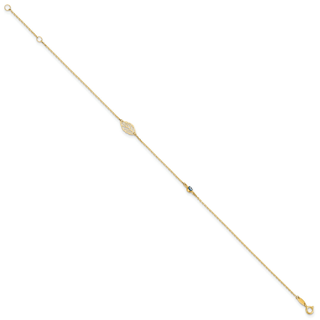 TTobillera de Oro Amarillo de 14K con Hoja y Cuenta Ojo de Vidrio con Extensor de 1 Pulgada