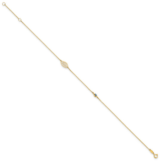 TTobillera de Oro Amarillo de 14K con Hoja y Cuenta Ojo de Vidrio con Extensor de 1 Pulgada