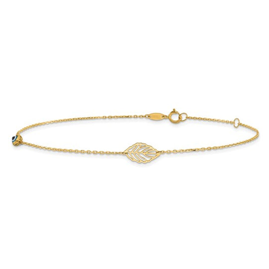 TTobillera de Oro Amarillo de 14K con Hoja y Cuenta Ojo de Vidrio con Extensor de 1 Pulgada
