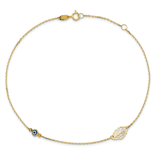 TTobillera de Oro Amarillo de 14K con Hoja y Cuenta Ojo de Vidrio con Extensor de 1 Pulgada