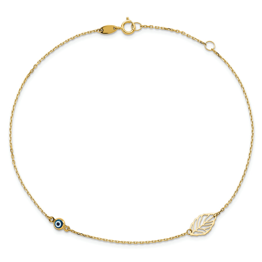 TTobillera de Oro Amarillo de 14K con Hoja y Cuenta Ojo de Vidrio con Extensor de 1 Pulgada
