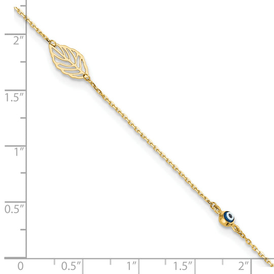 TTobillera de Oro Amarillo de 14K con Hoja y Cuenta Ojo de Vidrio con Extensor de 1 Pulgada