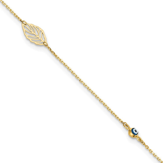 TTobillera de Oro Amarillo de 14K con Hoja y Cuenta Ojo de Vidrio con Extensor de 1 Pulgada