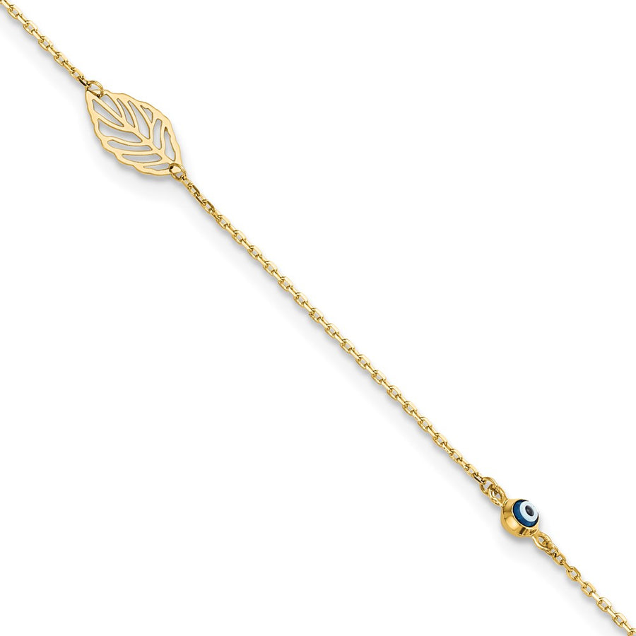TTobillera de Oro Amarillo de 14K con Hoja y Cuenta Ojo de Vidrio con Extensor de 1 Pulgada