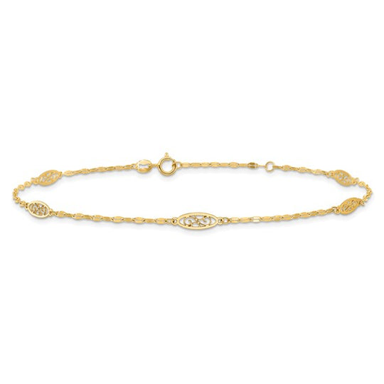 Tobillera de Enlace Filigrana Elegante Pulida de 14K de 9 Pulgadas + Extensión de 1 Pulgada