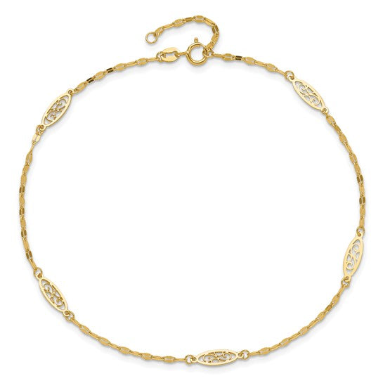 Tobillera de Enlace Filigrana Elegante Pulida de 14K de 9 Pulgadas + Extensión de 1 Pulgada