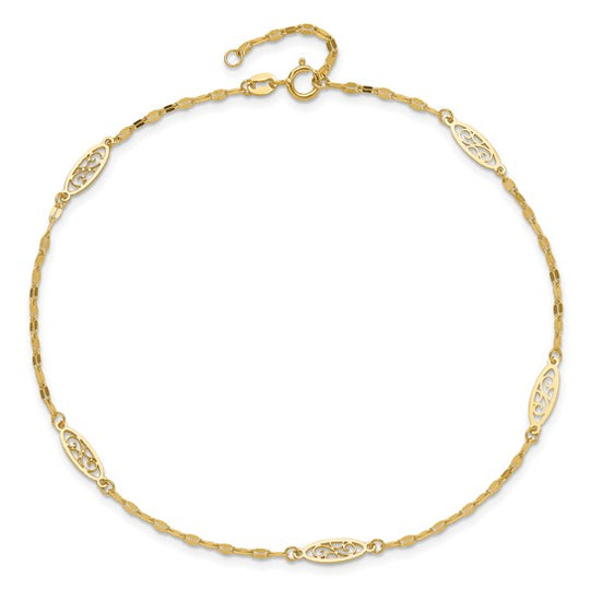 Tobillera de Enlace Filigrana Elegante Pulida de 14K de 9 Pulgadas + Extensión de 1 Pulgada