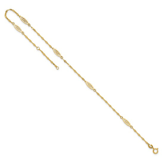 Tobillera de Enlace Filigrana Elegante Pulida de 14K de 9 Pulgadas + Extensión de 1 Pulgada
