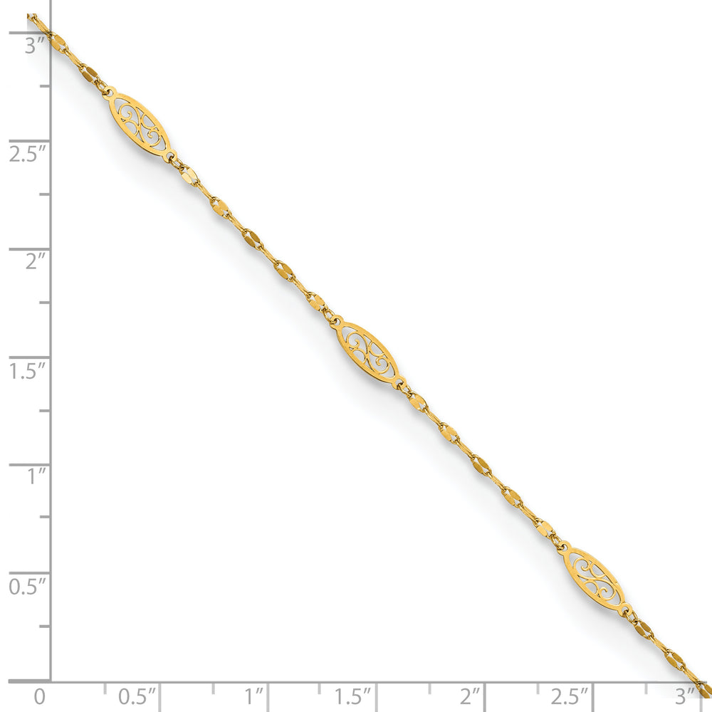 Tobillera de Enlace Filigrana Elegante Pulida de 14K de 9 Pulgadas + Extensión de 1 Pulgada