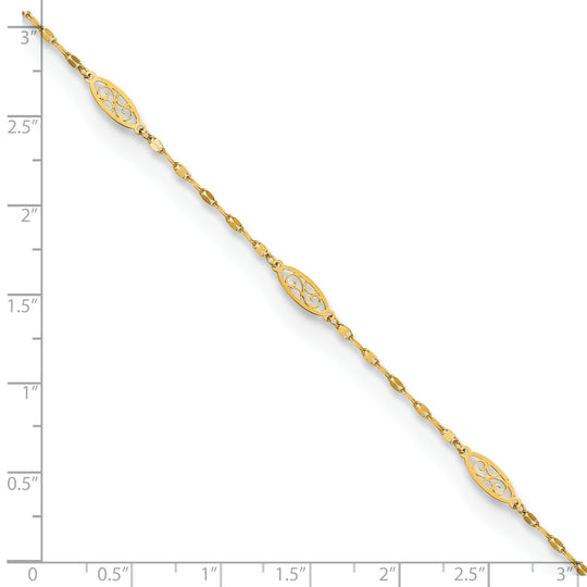 Tobillera de Enlace Filigrana Elegante Pulida de 14K de 9 Pulgadas + Extensión de 1 Pulgada