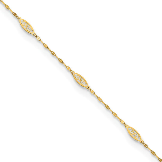 Tobillera de Enlace Filigrana Elegante Pulida de 14K de 9 Pulgadas + Extensión de 1 Pulgada