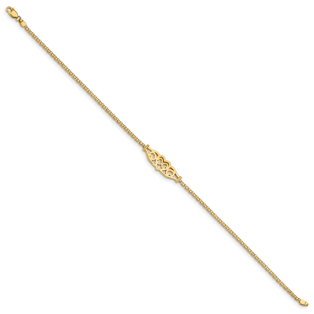 Tobillera de Oro Amarillo de 14K con Corazón de Filigrana Pulida de 10 Pulgadas