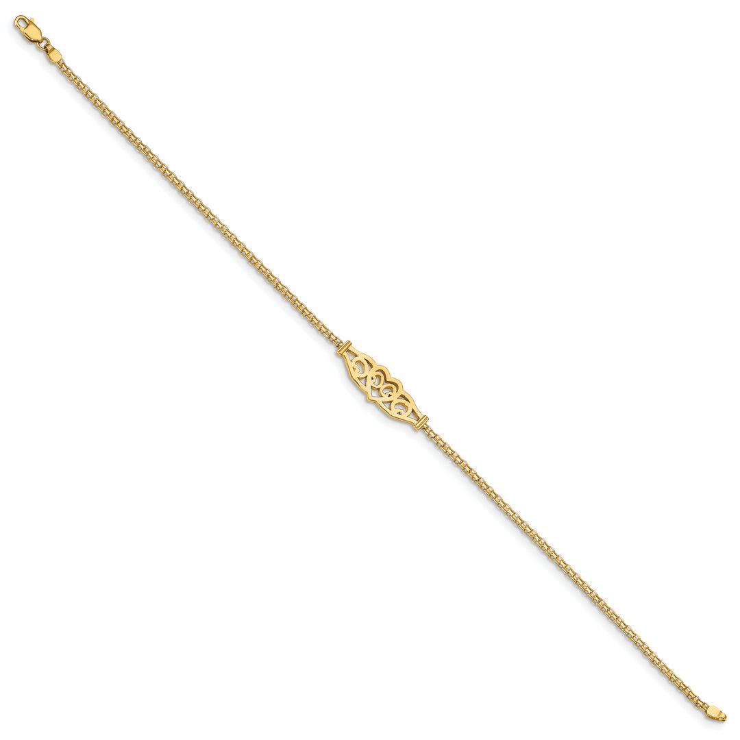 Tobillera de Oro Amarillo de 14K con Corazón de Filigrana Pulida de 10 Pulgadas