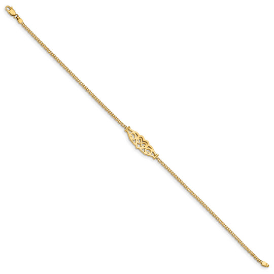 Tobillera de Oro Amarillo de 14K con Corazón de Filigrana Pulida de 10 Pulgadas