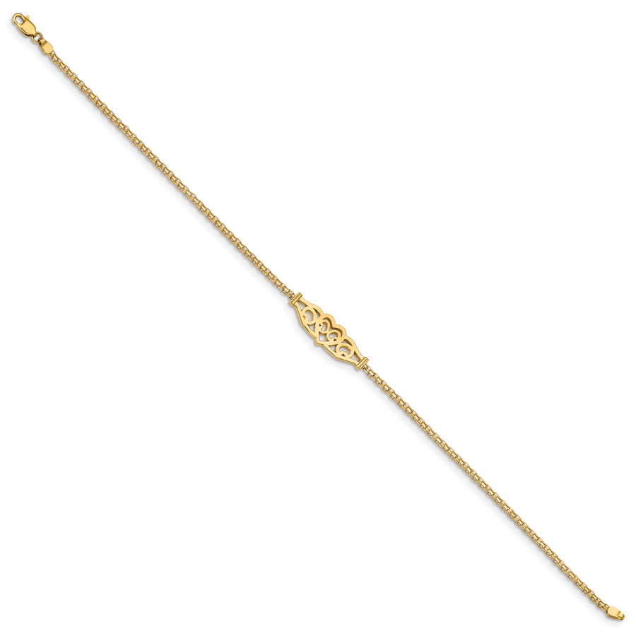 Tobillera de Oro Amarillo 14K con Corazón de Filigrana Pulida de 9 Pulgadas