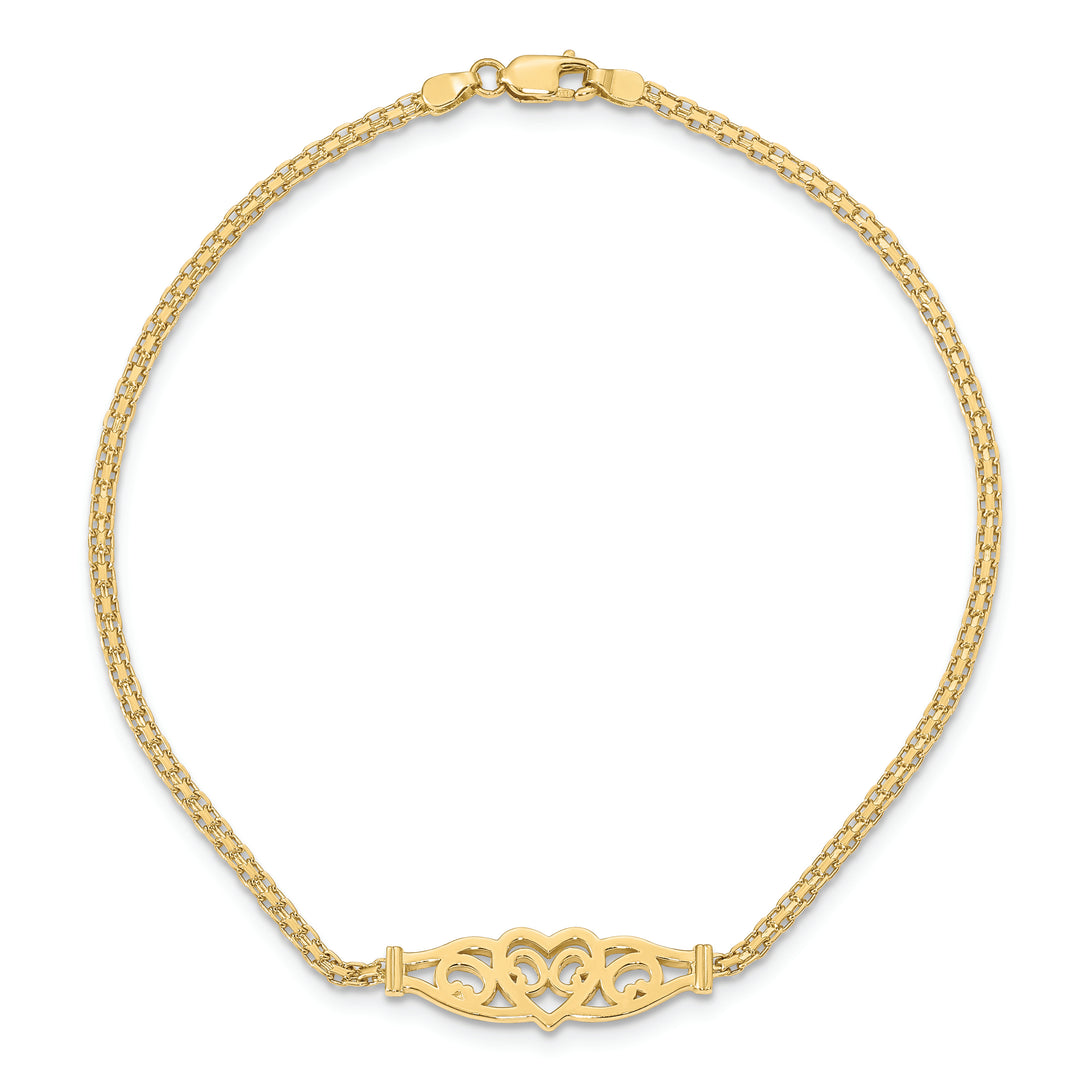 Tobillera de Oro Amarillo 14K con Corazón de Filigrana Pulida de 9 Pulgadas