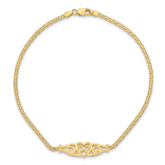 Tobillera de Oro Amarillo 14K con Corazón de Filigrana Pulida de 9 Pulgadas