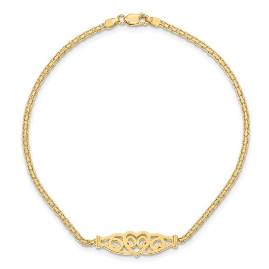 Tobillera de Oro Amarillo de 14K con Corazón de Filigrana Pulida de 10 Pulgadas