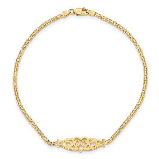Tobillera de Oro Amarillo de 14K con Corazón de Filigrana Pulida de 10 Pulgadas