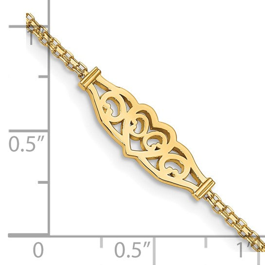 Tobillera de Oro Amarillo de 14K con Corazón de Filigrana Pulida de 10 Pulgadas