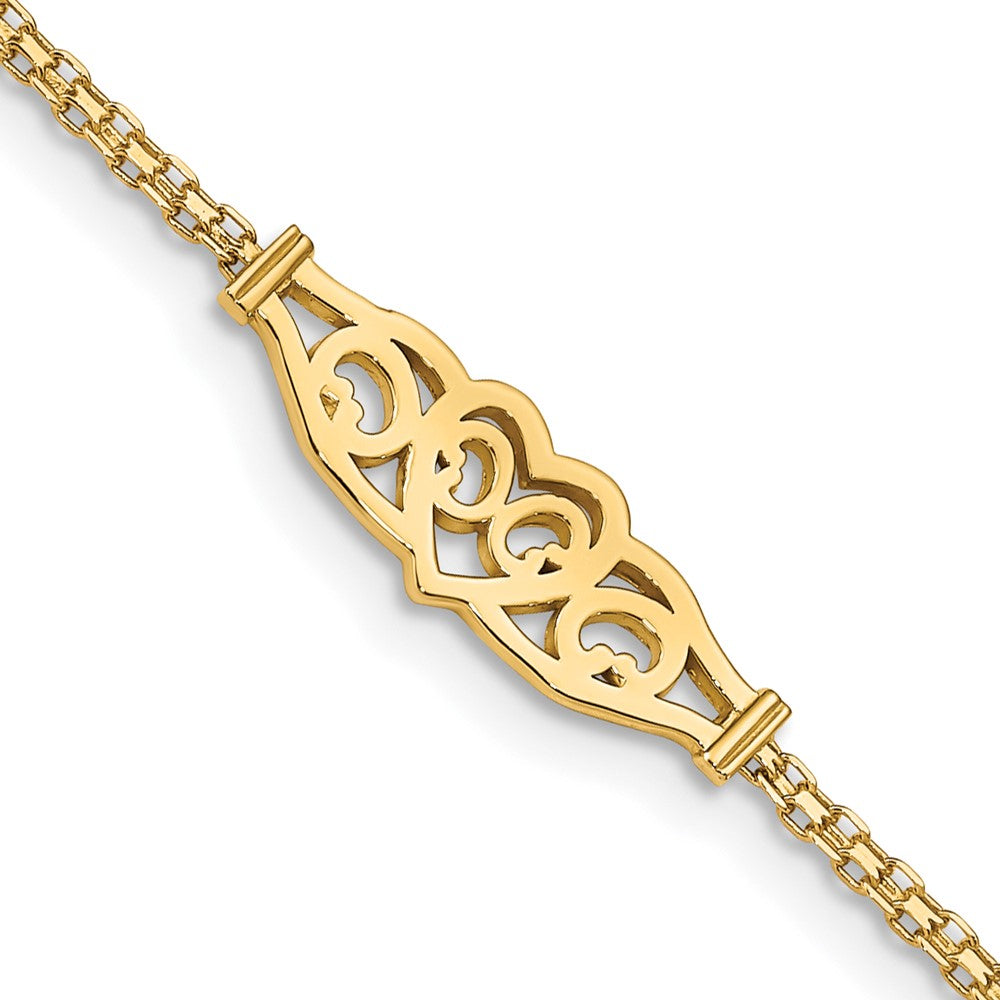 Tobillera de Oro Amarillo de 14K con Corazón de Filigrana Pulida de 10 Pulgadas
