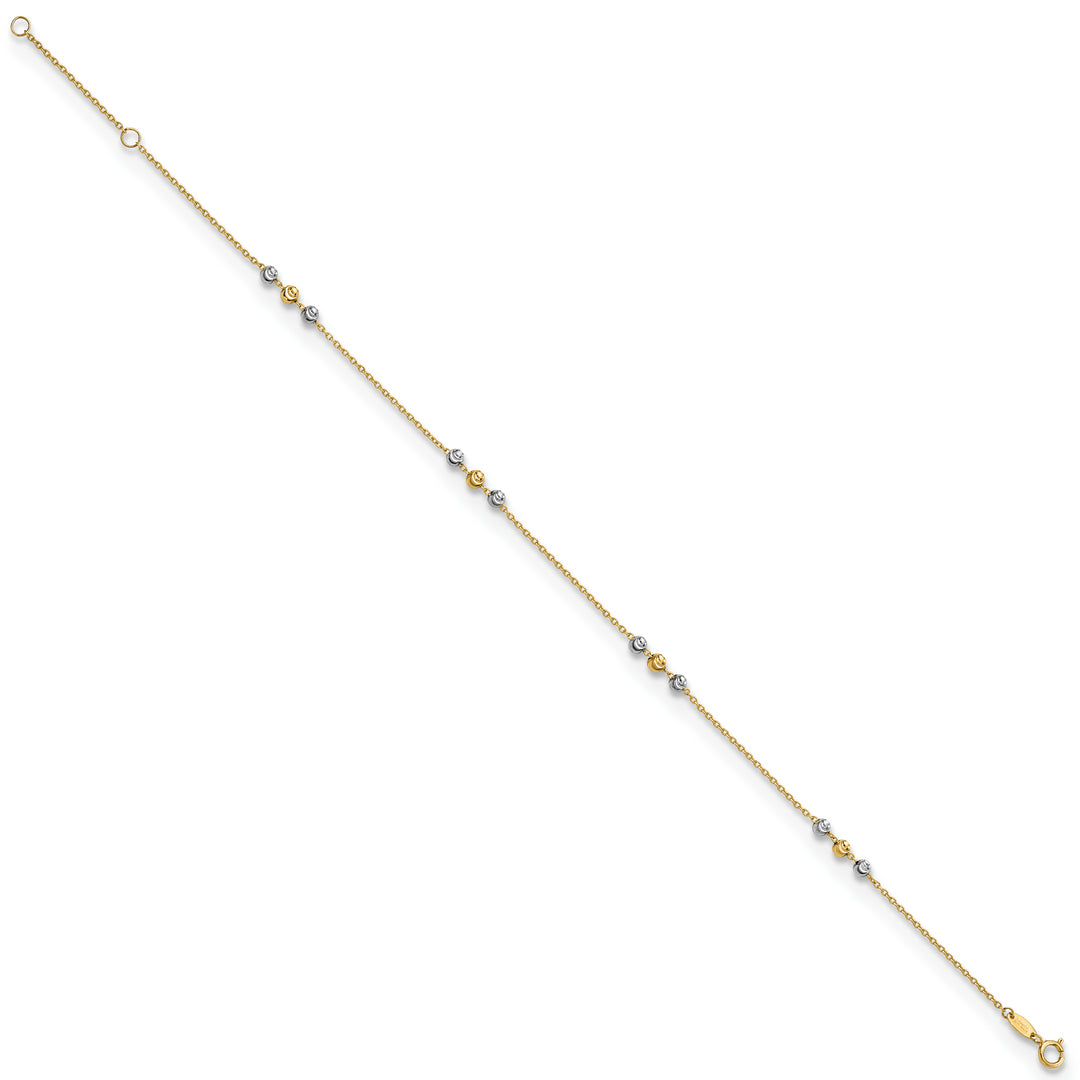 Tobillera de Oro de 14K de Dos Tonos Pulida y de Cuentas con Corte de Diamante de 9 Pulgadas + Extensor de 1 Pulgada