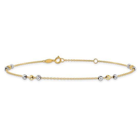 Tobillera de Oro de 14K de Dos Tonos Pulida y de Cuentas con Corte de Diamante de 9 Pulgadas + Extensor de 1 Pulgada