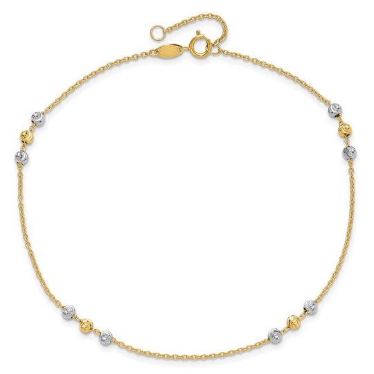 Tobillera de Oro de 14K de Dos Tonos Pulida y de Cuentas con Corte de Diamante de 9 Pulgadas + Extensor de 1 Pulgada