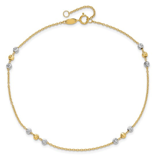 Tobillera de Oro de 14K de Dos Tonos Pulida y de Cuentas con Corte de Diamante de 9 Pulgadas + Extensor de 1 Pulgada