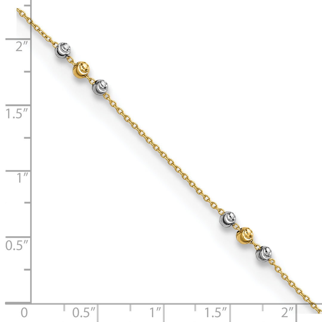 Tobillera de Oro de 14K de Dos Tonos Pulida y de Cuentas con Corte de Diamante de 9 Pulgadas + Extensor de 1 Pulgada
