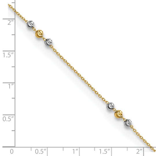 Tobillera de Oro de 14K de Dos Tonos Pulida y de Cuentas con Corte de Diamante de 9 Pulgadas + Extensor de 1 Pulgada