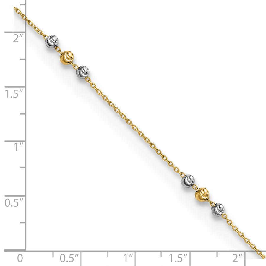 Tobillera de Oro de 14K de Dos Tonos Pulida y de Cuentas con Corte de Diamante de 9 Pulgadas + Extensor de 1 Pulgada