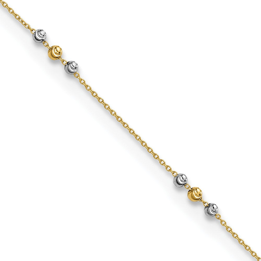 Tobillera de Oro de 14K de Dos Tonos Pulida y de Cuentas con Corte de Diamante de 9 Pulgadas + Extensor de 1 Pulgada