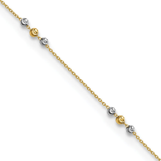 Tobillera de Oro de 14K de Dos Tonos Pulida y de Cuentas con Corte de Diamante de 9 Pulgadas + Extensor de 1 Pulgada