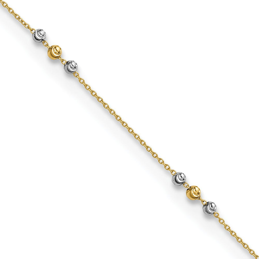 Tobillera de Oro de 14K de Dos Tonos Pulida y de Cuentas con Corte de Diamante de 9 Pulgadas + Extensor de 1 Pulgada