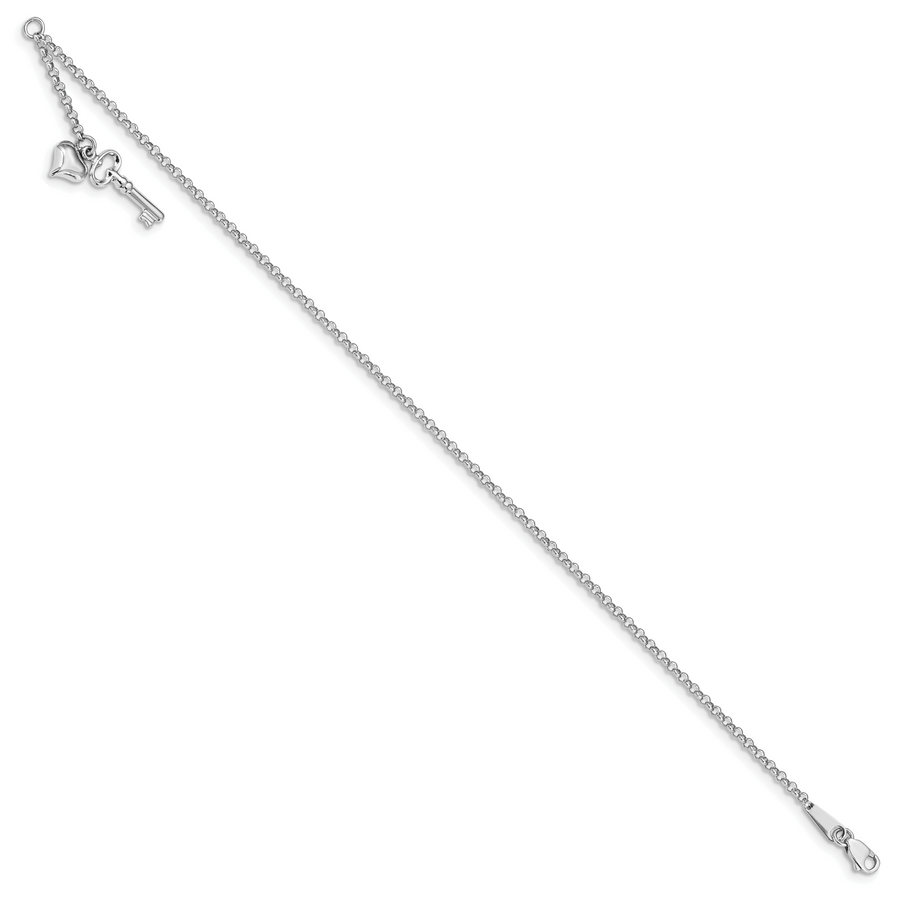 Tobillera de Oro Blanco 14K con Corazón Inflado y Llave Pulida Ajustable de 9 Pulgadas + Extensión de 1 Pulgada