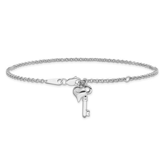 Tobillera de Oro Blanco 14K con Corazón Inflado y Llave Pulida Ajustable de 9 Pulgadas + Extensión de 1 Pulgada