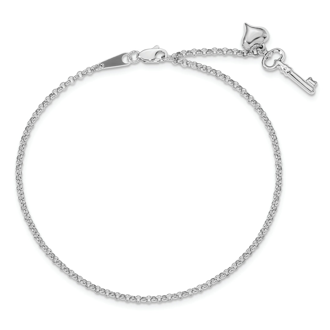 Tobillera de Oro Blanco 14K con Corazón Inflado y Llave Pulida Ajustable de 9 pulgadas + Extensión de 1 Pulgada