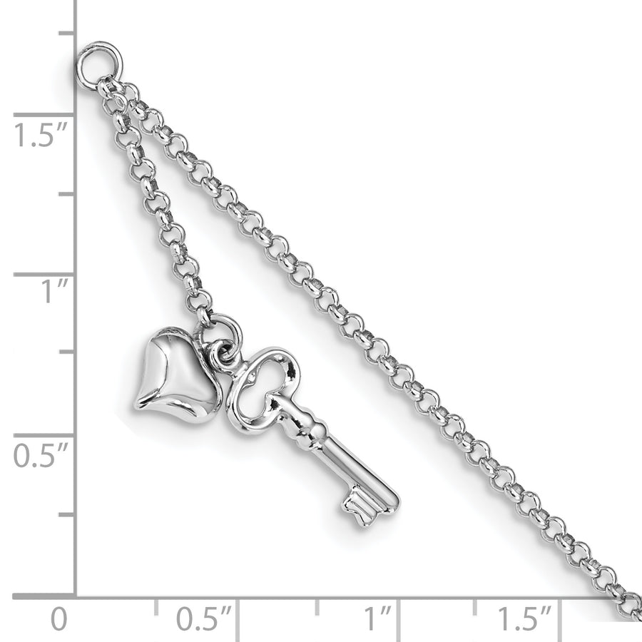Tobillera de Oro Blanco 14K con Corazón Inflado y Llave Pulida Ajustable de 9 Pulgadas + Extensión de 1 Pulgada