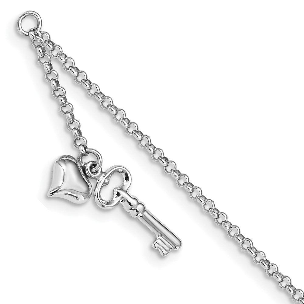 Tobillera de Oro Blanco 14K con Corazón Inflado y Llave Pulida Ajustable de 9 pulgadas + Extensión de 1 Pulgada