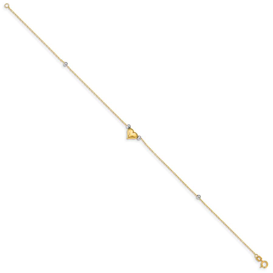 Tobillera de 14K Bicolor Pulida con Corazón Abombado y Cuentas de 10 Pulgadas