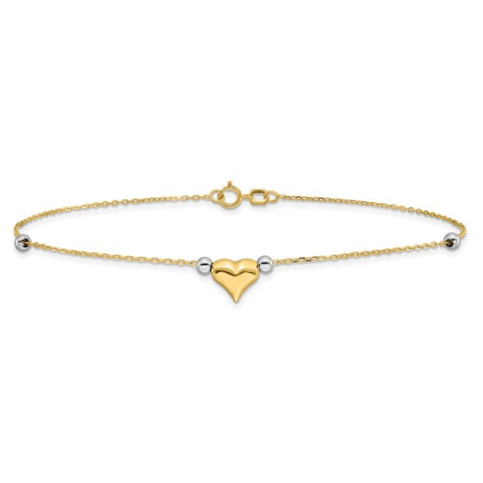 Tobillera de 14K Bicolor Pulida con Corazón Abombado y Cuentas de 10 Pulgadas