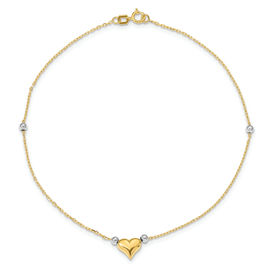 Tobillera de 14K Bicolor Pulida con Corazón Abombado y Cuentas de 10 Pulgadas