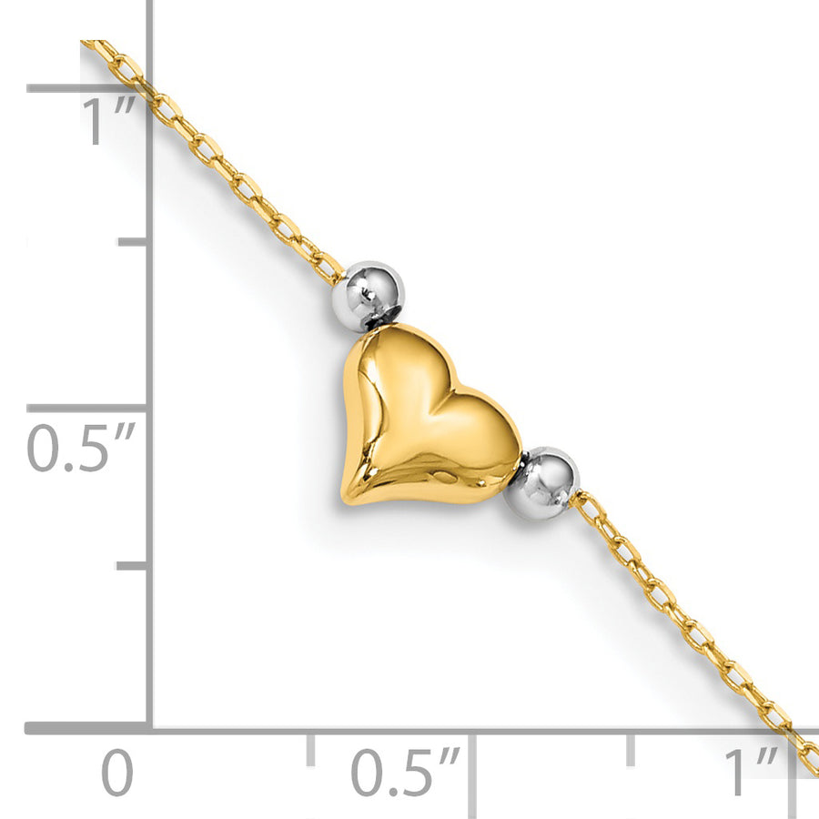 Tobillera de 14K Bicolor Pulida con Corazón Abombado y Cuentas de 10 Pulgadas