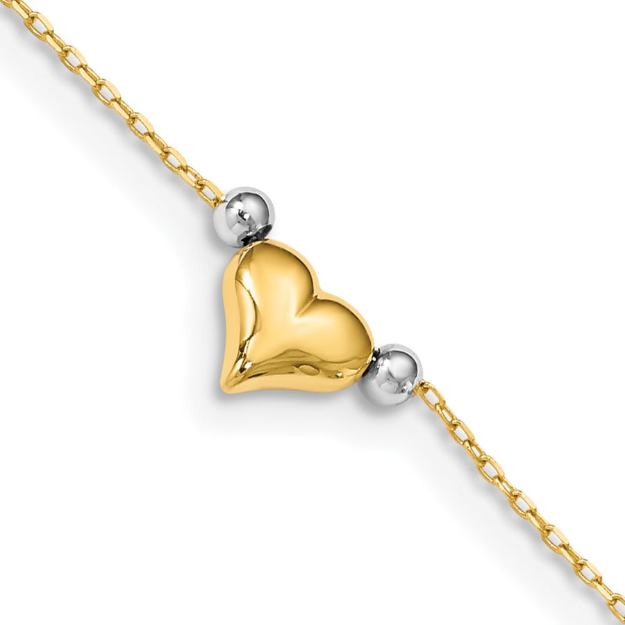 Tobillera de 14K Bicolor Pulida con Corazón Abombado y Cuentas de 10 Pulgadas