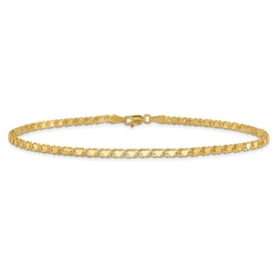 Tobillera 14K Pulida Corazón Doble Cara 10 Pulgadas