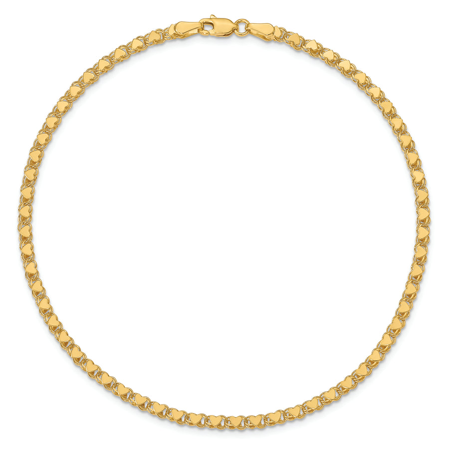 Tobillera 14K Pulida Corazón Doble Cara 10 Pulgadas