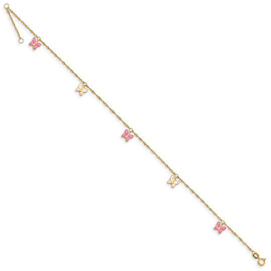 14K Yellow Gold Enameled Butterfly Anklet 9 Inch + 1 Inch Extension