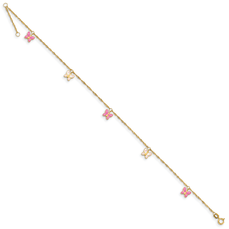 Tobillera de Oro Amarillo 14K con Mariposa Esmaltada de 9 Pulgadas + 1 Pulgada de Extensión